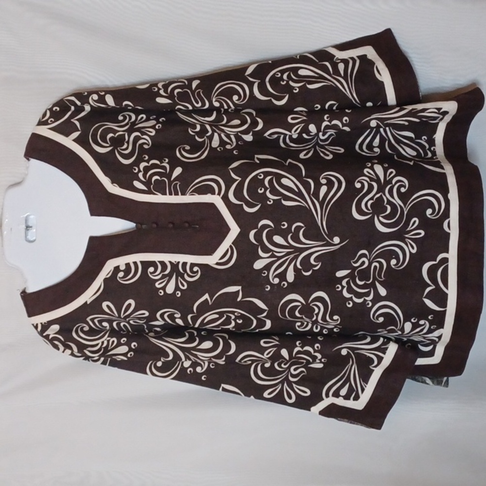 JM Collection Brown & White Floral Linen Top for Women. Size 16.